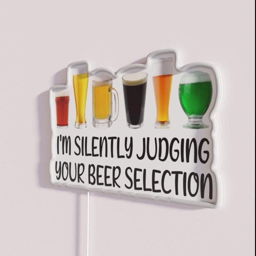 Beer I M Silently Judging Your Beer Selection Rgb Led Neon Sign - Neon sign mounted on wall in room
