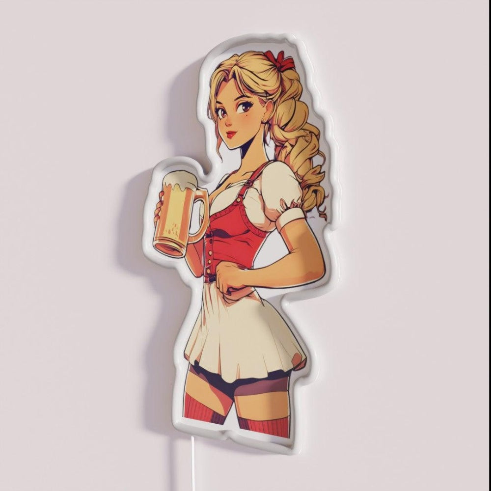 Beer Maiden And Stein Tee Rgb Led Neon Sign - Neon sign mounted on wall in room