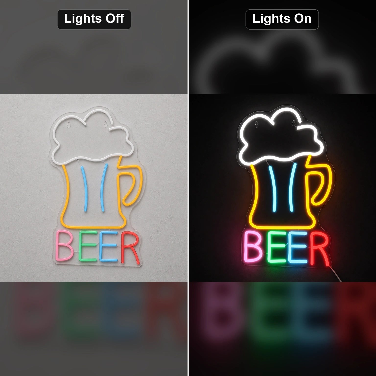 Beer Man Cave LED Neon Sign Home Bar Wall Decoration day and night comparison