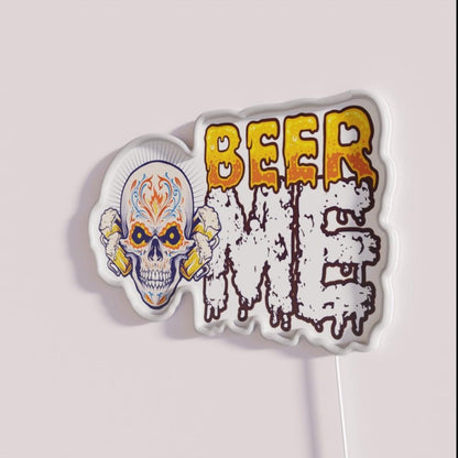 Beer Me Day Of The Dead Skull Rgb Led Neon Sign - Neon sign mounted on wall in room