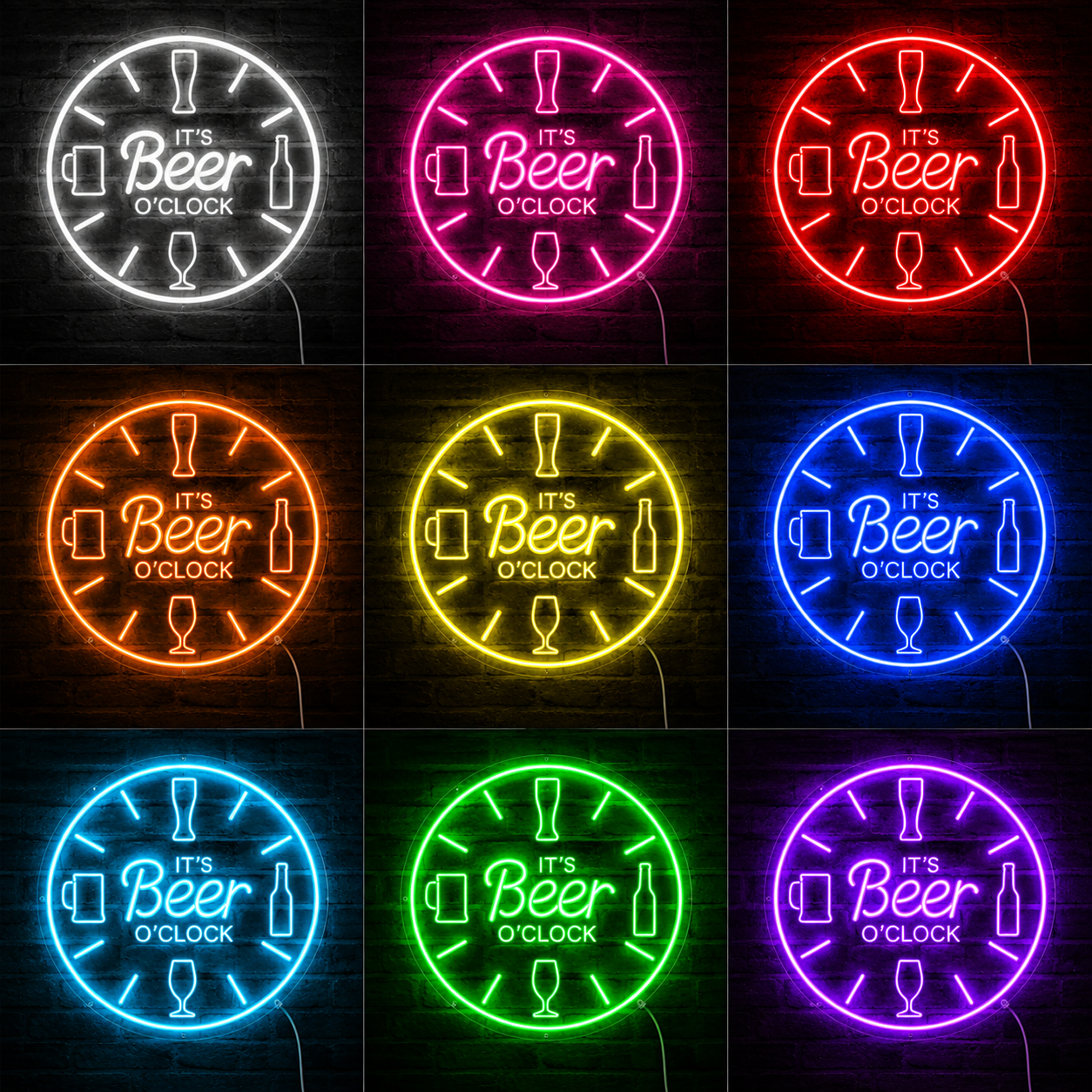 Beer O Clock LED Neon Wall Sign Rustic Bar Decor Man Cave Wall Art LED Neon Sign color grid