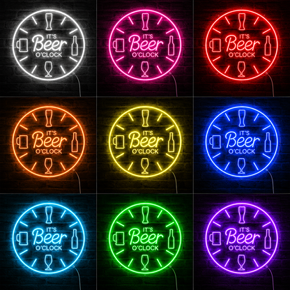 Beer O Clock LED Neon Wall Sign Rustic Bar Decor Man Cave Wall Art LED Neon Sign color grid
