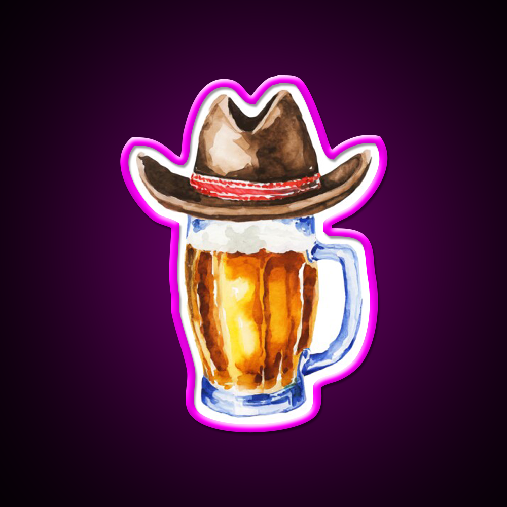 Beer With Cowboy Hat Beer Bar Decor Led Neon Sign Rgb Color - Neon sign mounted on wall in room