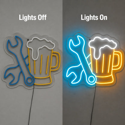 Beer Wrench Neon Sign LED Neon Sign day and night comparison