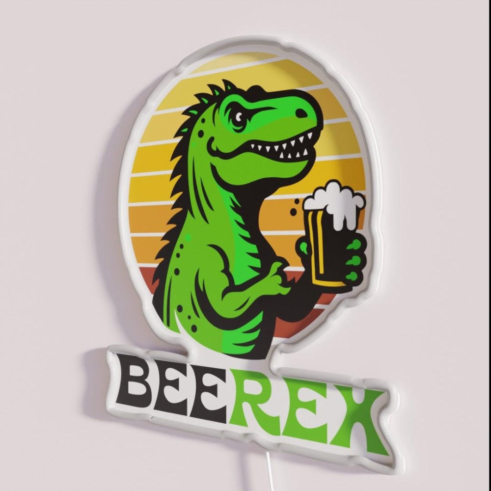 Beerex T Rex Drinking A Beer Rgb Led Neon Sign - Neon sign mounted on wall in room