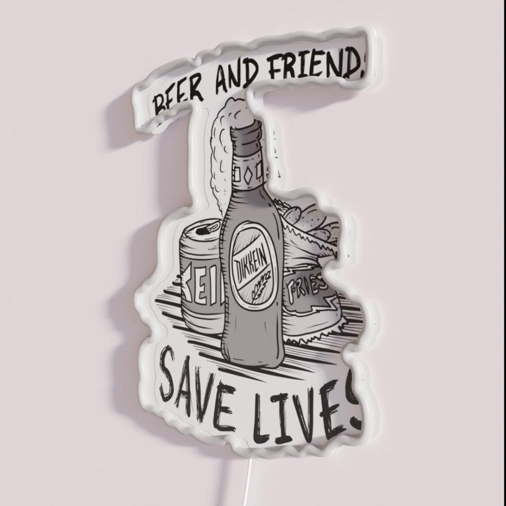 Beers And Friends Save Lives French Fries Rgb Led Neon Sign - Neon sign mounted on wall in room