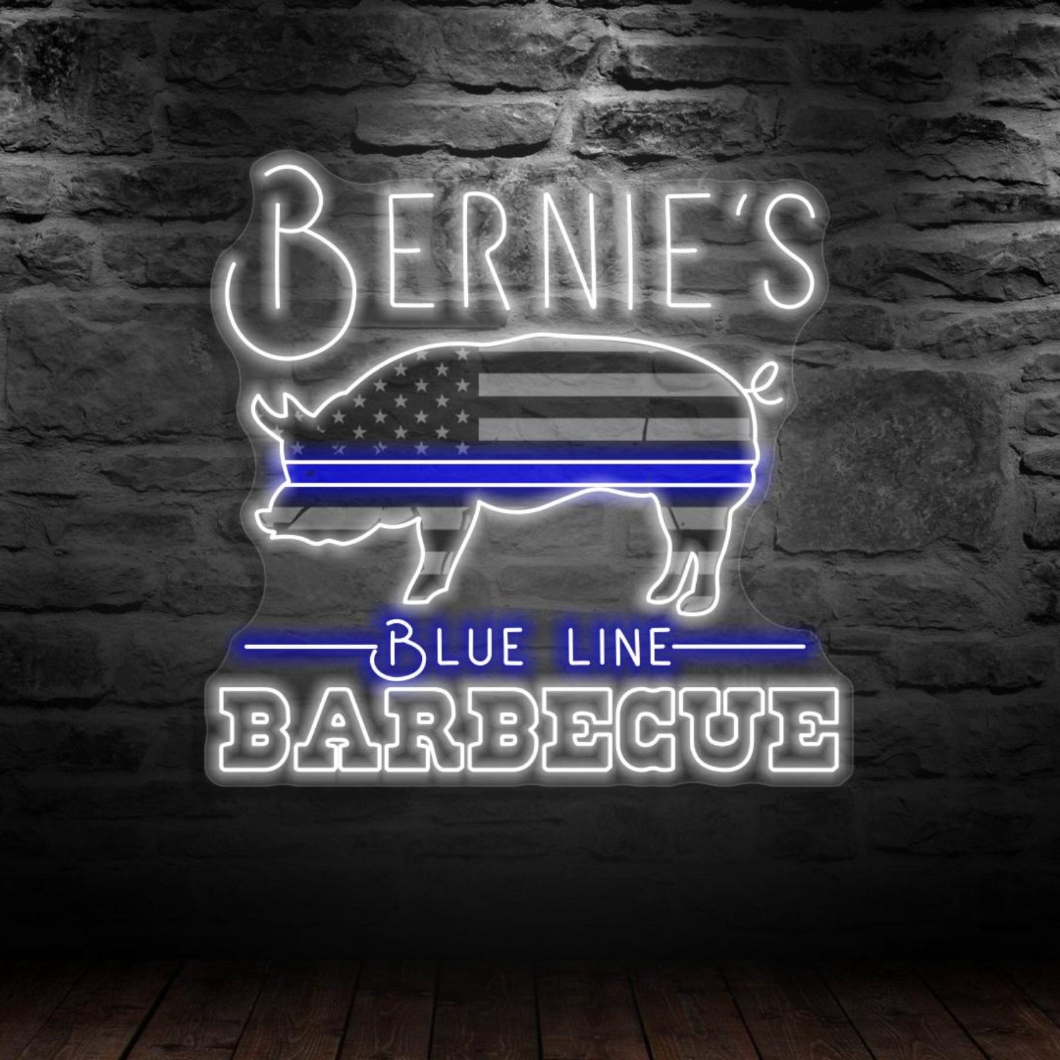 Bernies Blue Line Bbq Blue-White Patriotic Pig Led Neon Sign For Restaurant | Shineneon