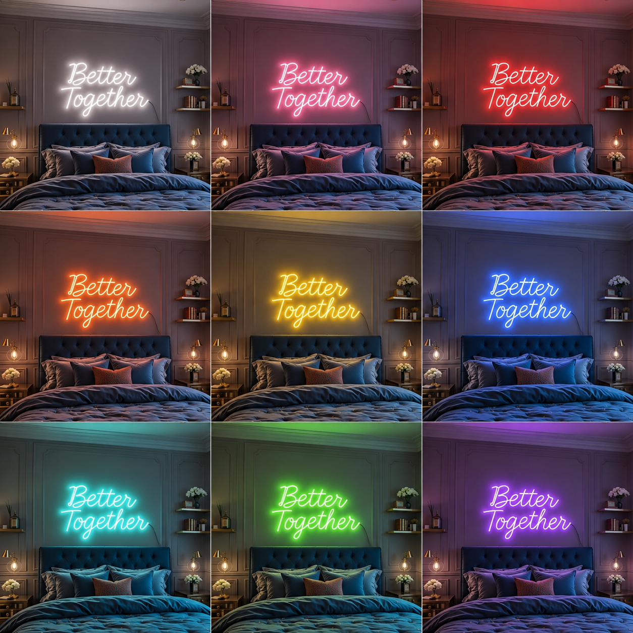 Better Together Script Bedroom LED Neon Sign color grid