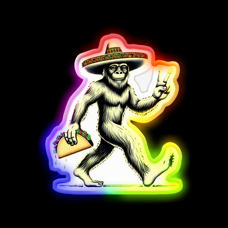 Bigfoot Wearing A Sombrero And Carrying A Taco Led Neon Sign Rgb Color - LED neon sign close-up detail