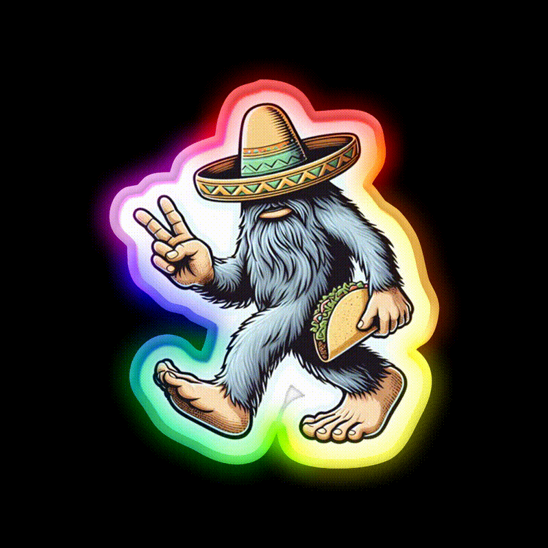 Bigfoot Wearing Sombrero And Carrying Taco Led Neon Sign Food Art Rgb Color - LED neon sign close-up detail