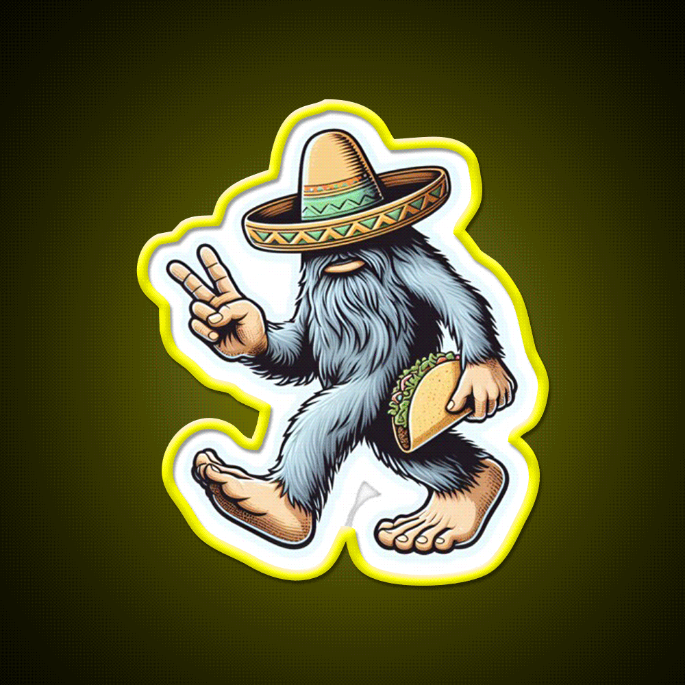 Bigfoot Wearing Sombrero And Carrying Taco Led Neon Sign Food Art Rgb Color - Custom LED neon sign front view