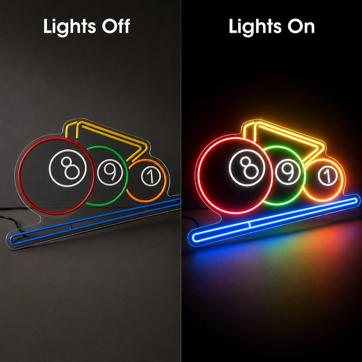 Billiard Balls Rack Neon Sign LED Neon Sign day and night comparison