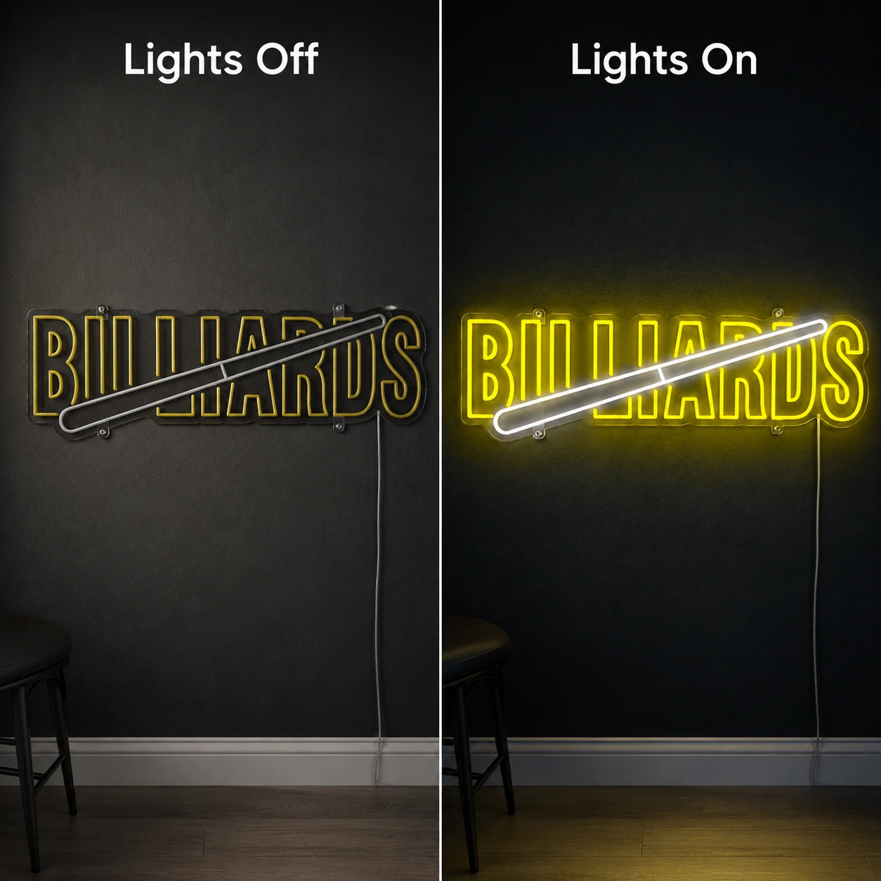 Billiards Cue Neon Sign LED Neon Sign day and night comparison