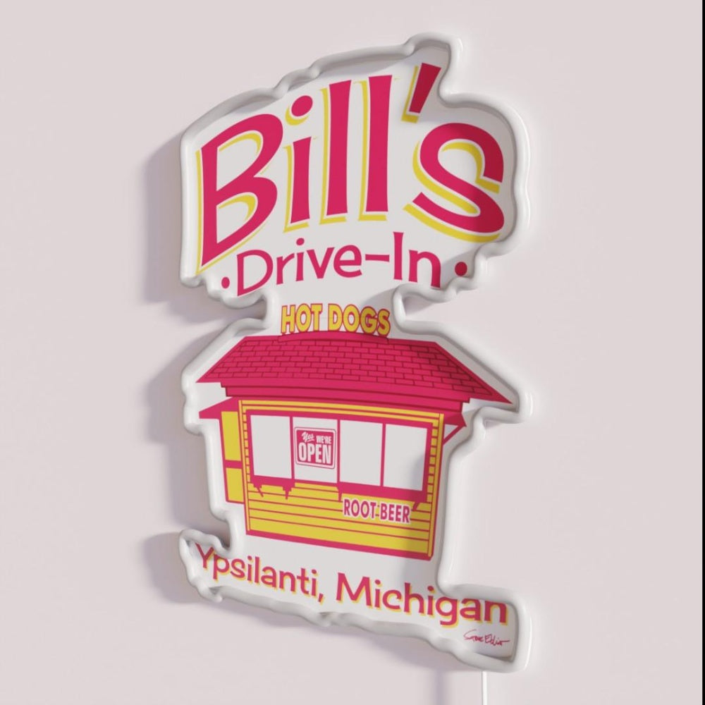 Bills Drive In Hot Dog Stand Rgb Led Neon Sign - Neon sign mounted on wall in room
