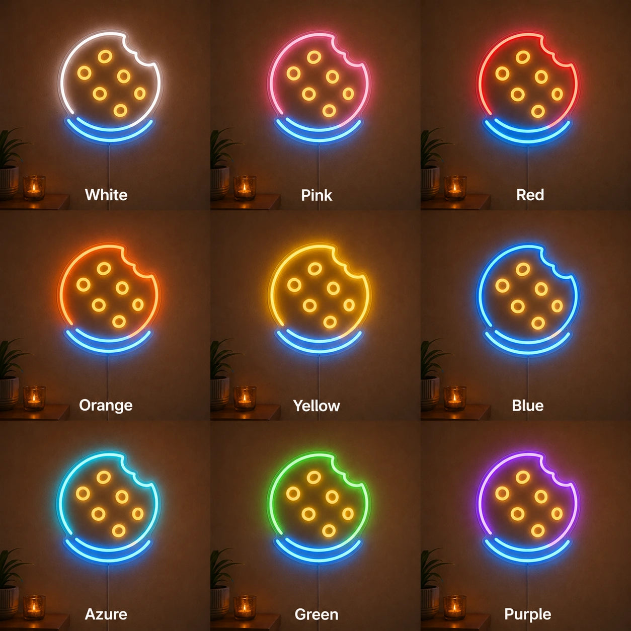 Bitten Cookie LED Neon Sign day and night comparison