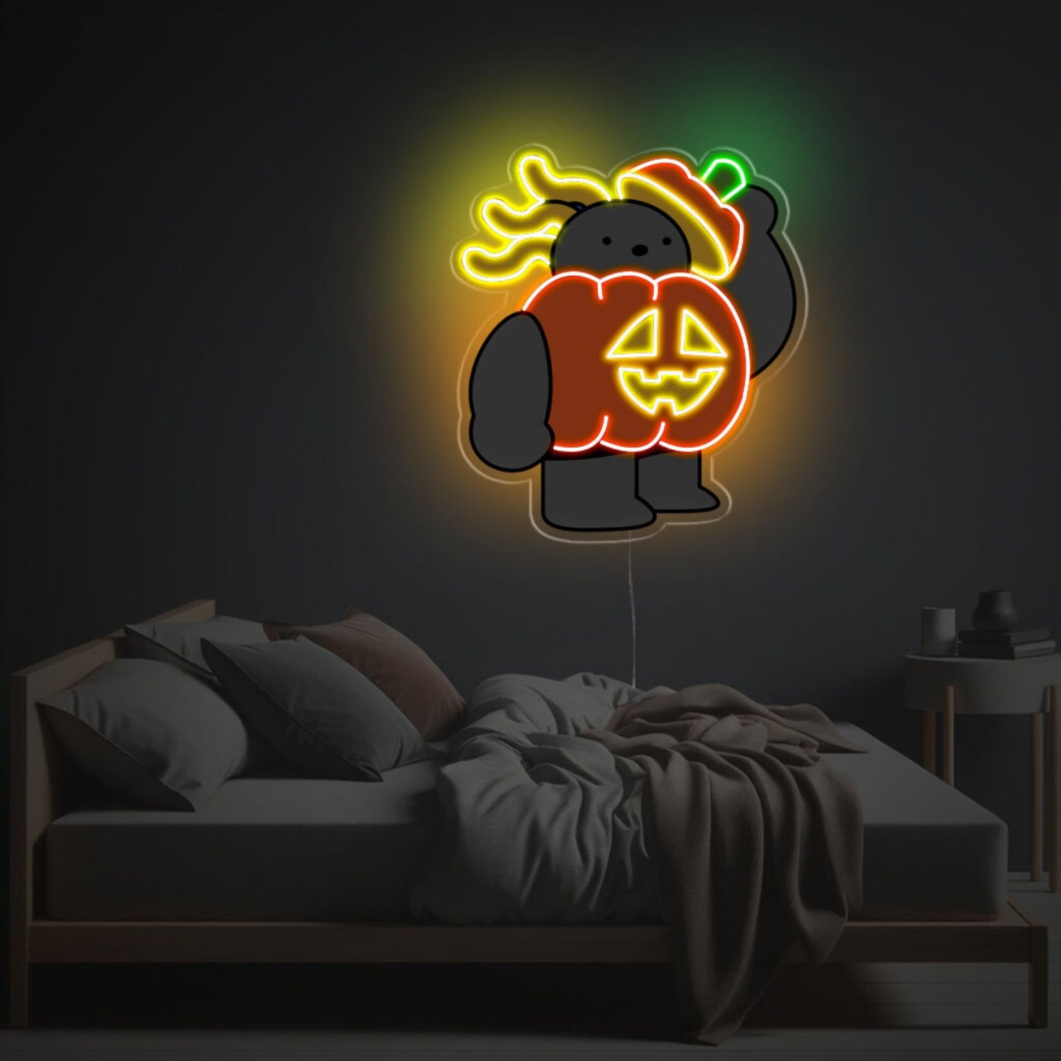 Black Bear Wearing Pumpkin Led Neon Acrylic Artwork | Shineneon