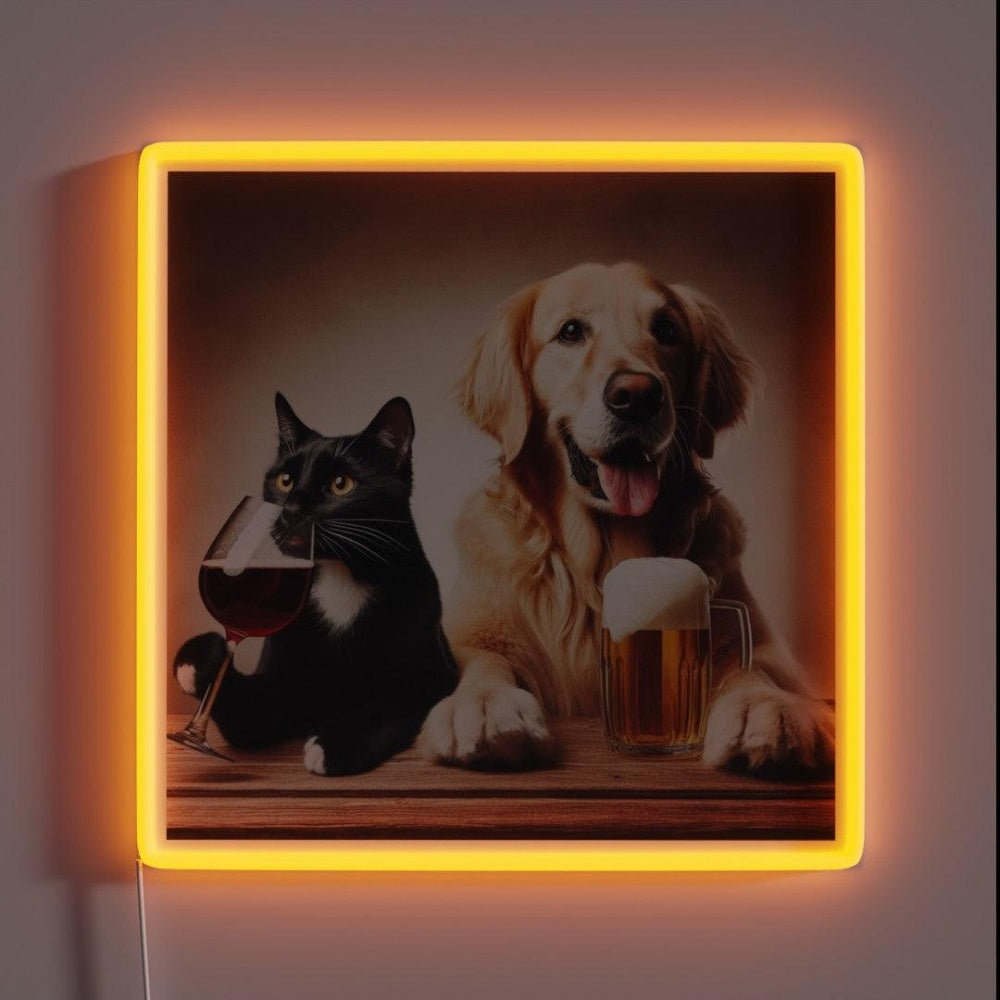 Black Cat And Golden Retriever Rgb Led Neon Sign - Custom LED neon sign front view