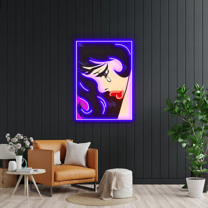 Black Curl Crying Comic Girl Artwork Led Neon Sign - Shineneon