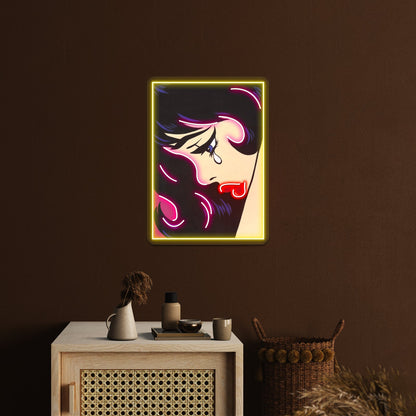 Black Curl Crying Comic Girl Artwork Led Neon Sign - Shineneon