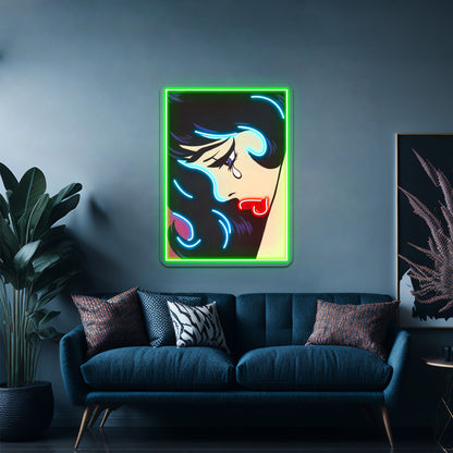 Black Curl Crying Comic Girl Artwork Led Neon Sign