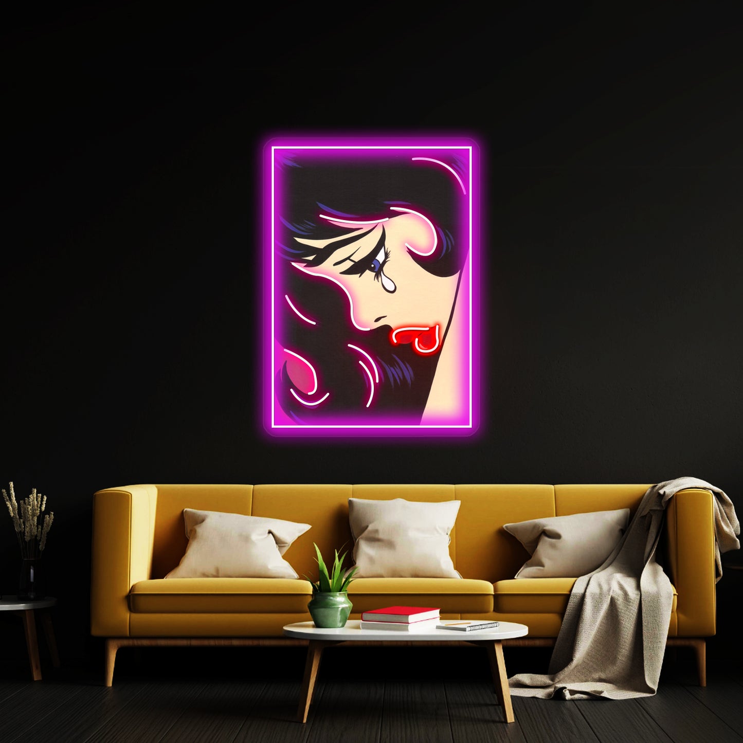 Black Curl Crying Comic Girl Artwork Led Neon Sign