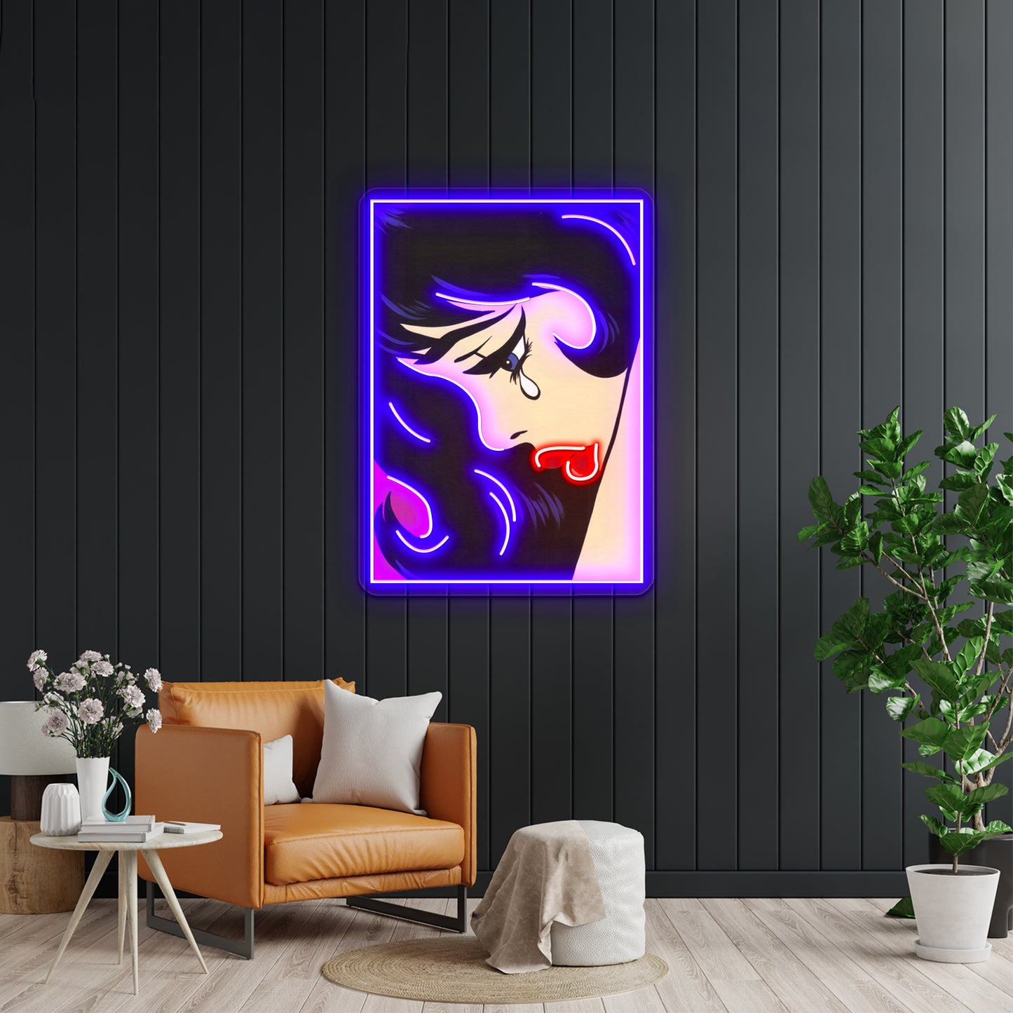 Black Curl Crying Comic Girl Artwork Led Neon Sign