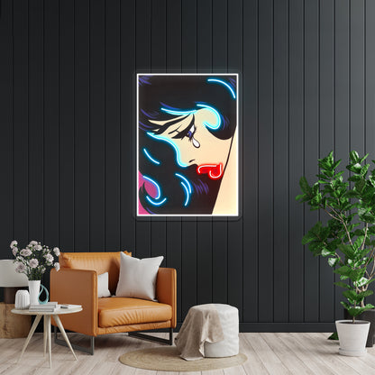 Black Curl Crying Comic Girl Artwork Led Neon Sign