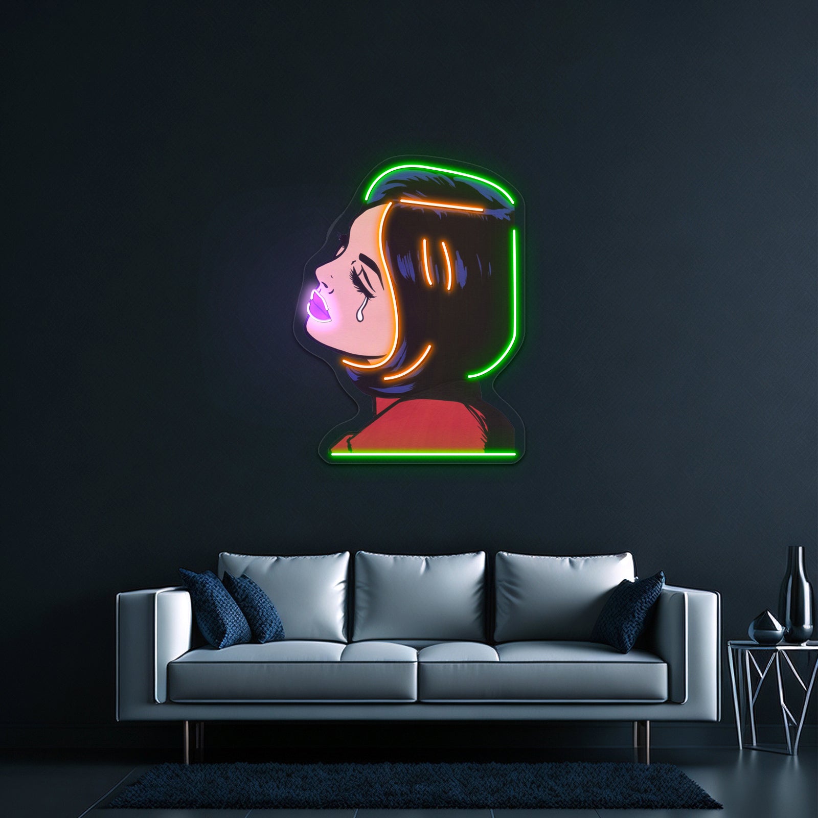 Black Hair Crying Comic Girl Artwork Led Neon Sign