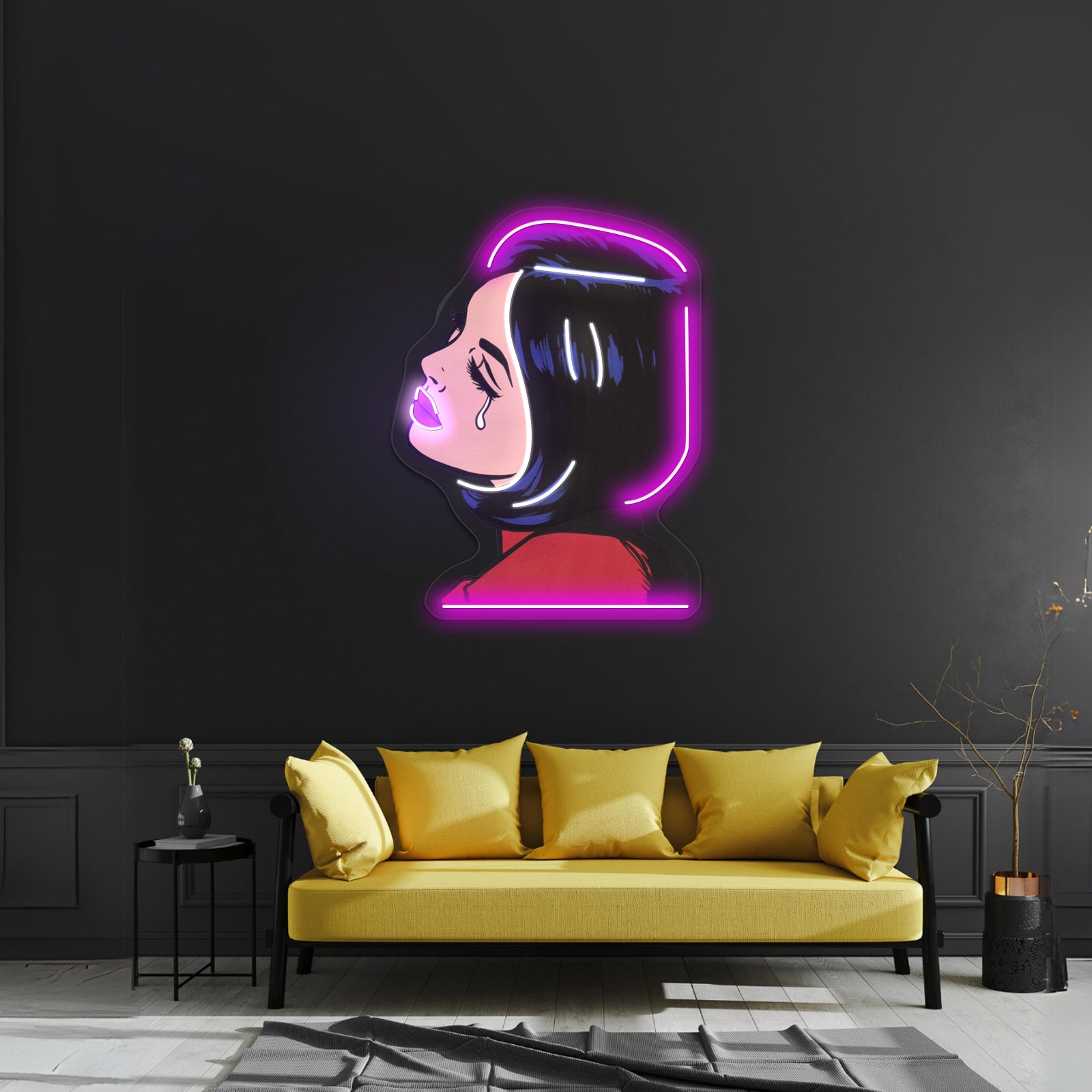 Black Hair Crying Comic Girl Artwork Led Neon Sign