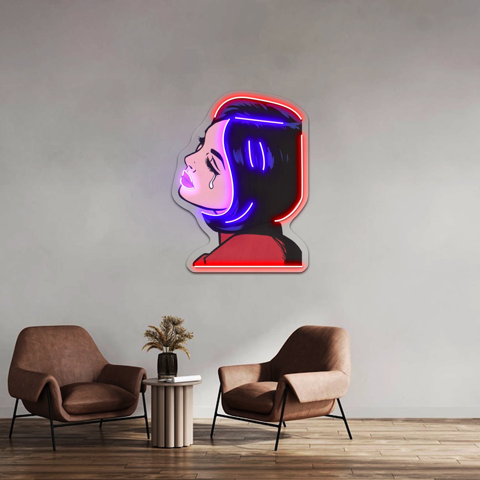 Black Hair Crying Comic Girl Artwork Led Neon Sign