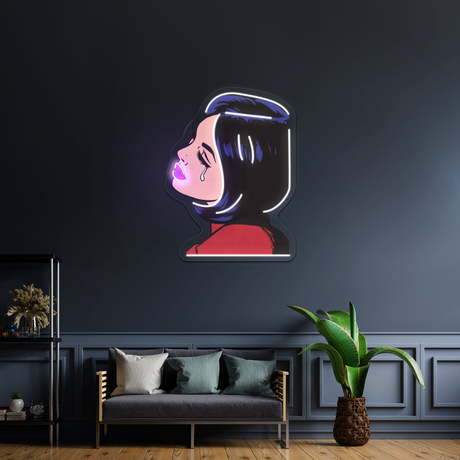 Black Hair Crying Comic Girl Artwork Led Neon Sign