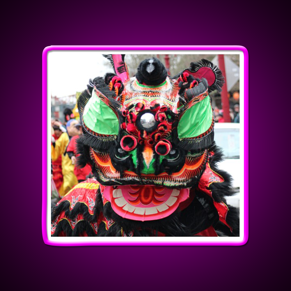 Blinking Lion Dancer Asian Cultural Led Neon Sign Rgb Color - Neon sign mounted on wall in room