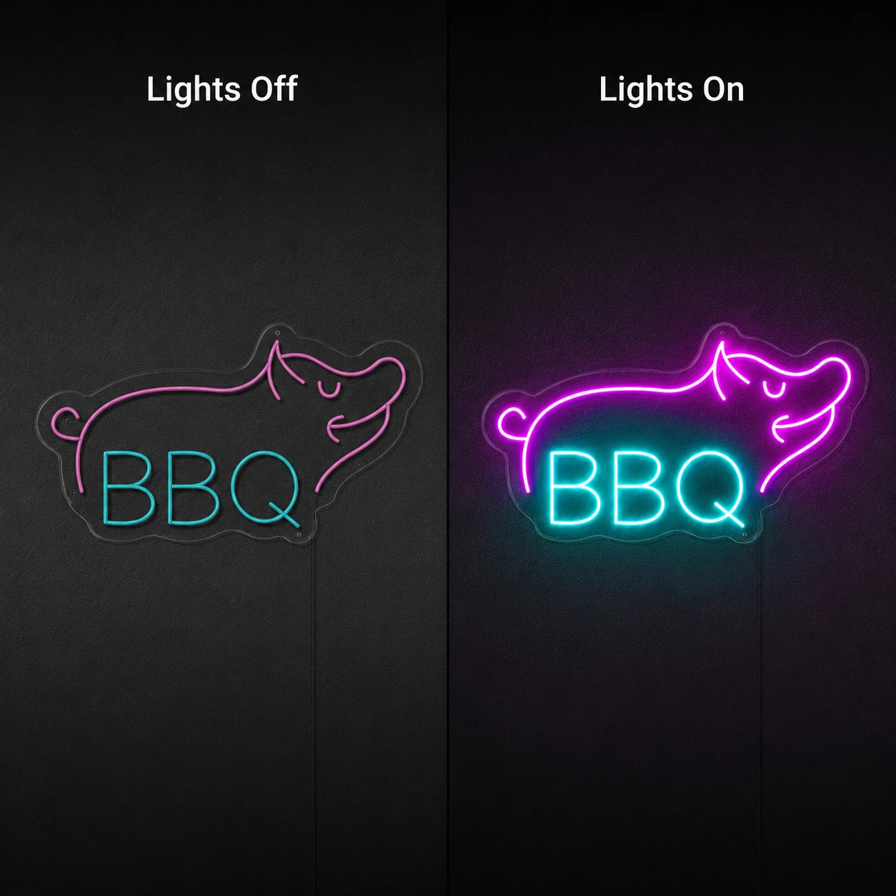 Blue BBQ Pig Outline Neon Sign LED Neon Sign day and night comparison