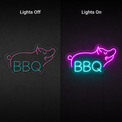 Blue BBQ Pig Outline Neon Sign LED Neon Sign day and night comparison