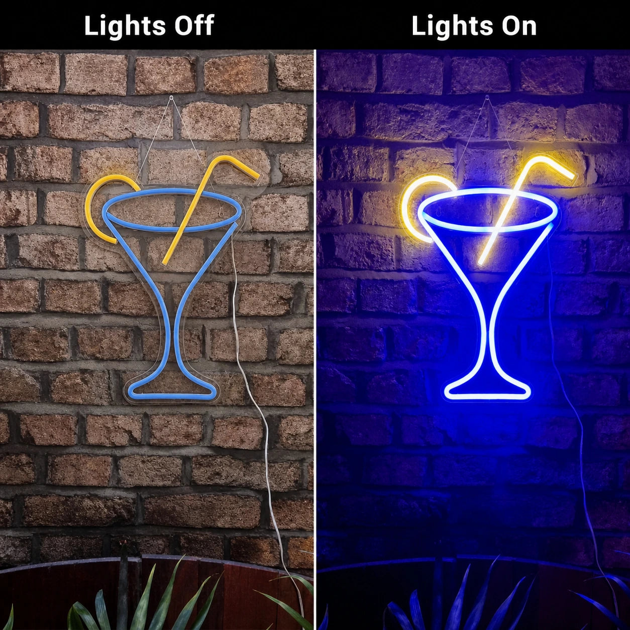 Blue Cocktail Glass Neon Sign LED Neon Sign day and night comparison