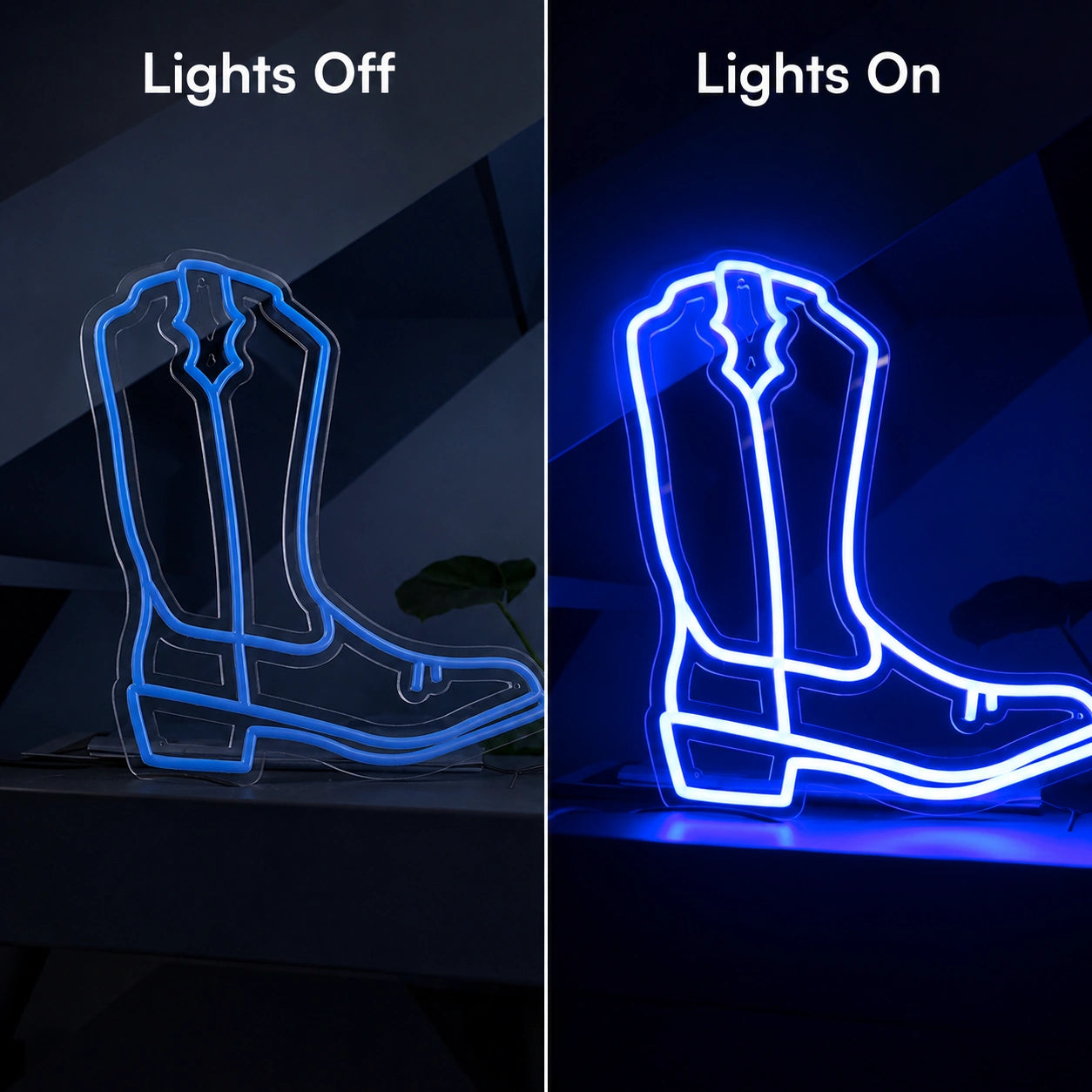 Blue Cowboy Boot Neon Sign LED Neon Sign day and night comparison