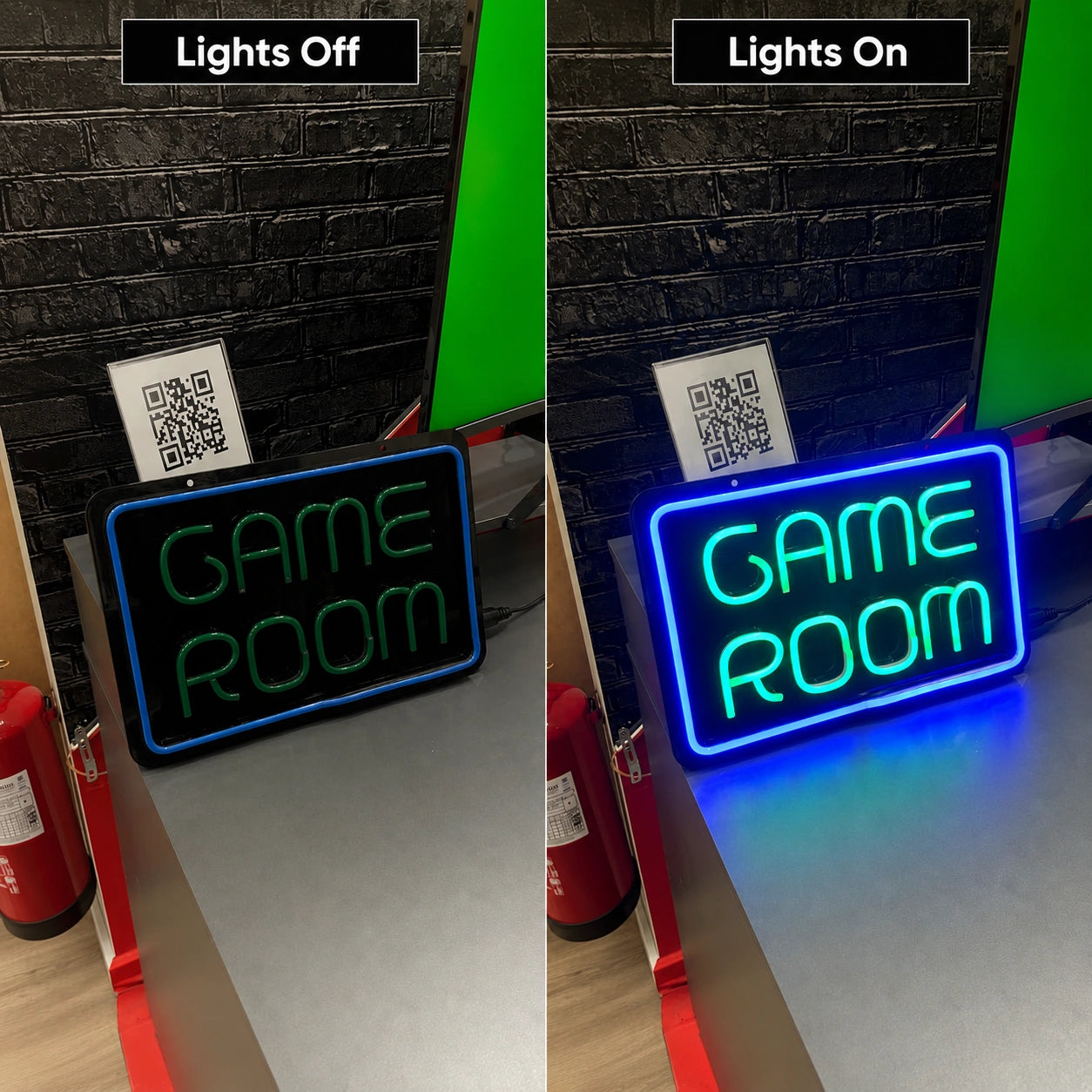 Blue Game Room Panel Neon Sign LED Neon Sign day and night comparison