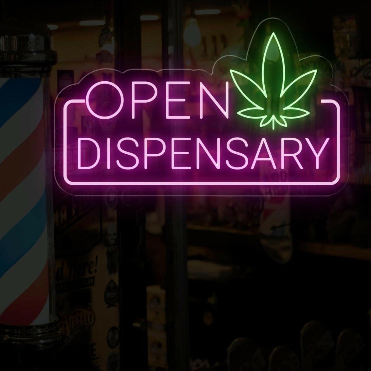 Blue Green Cannabis Leaf Open Dispensary Led Neon Sign For Marijuana Shop | Shineneon