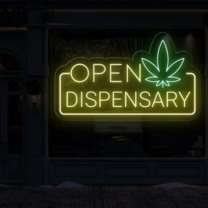 Blue Green Cannabis Leaf Open Dispensary Led Neon Sign For Marijuana Shop | Shineneon