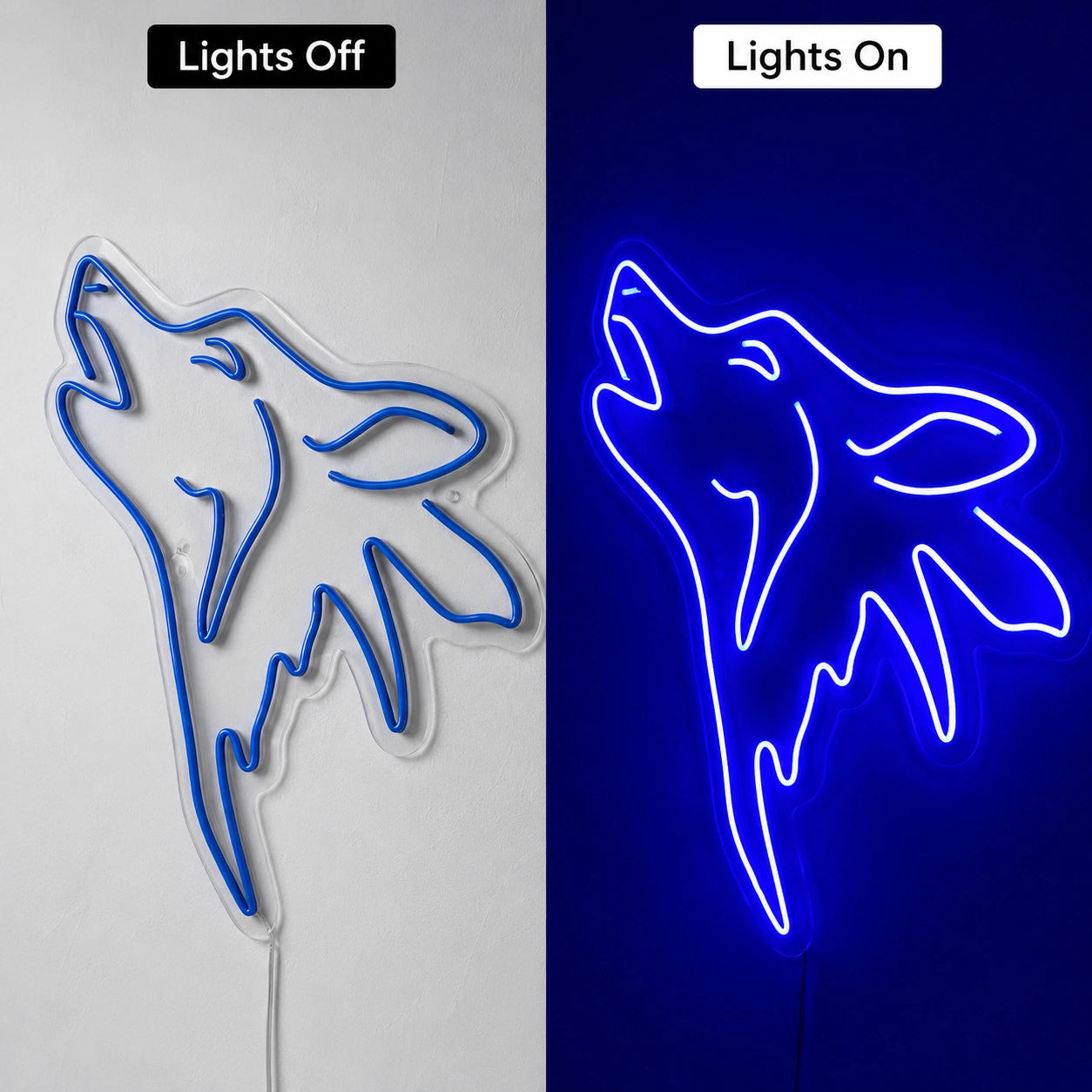 Blue Howling Wolf Neon Sign LED Neon Sign day and night comparison