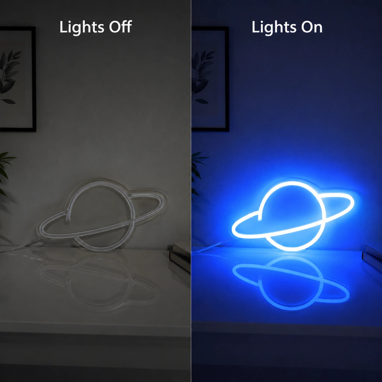 Blue Orbit Planet Neon Sign LED Neon Sign day and night comparison
