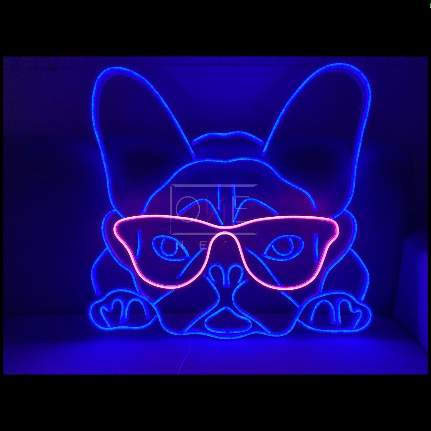 Blue Pink French Bulldog With Glasses Led Neon Sign For Home Decor | Shineneon
