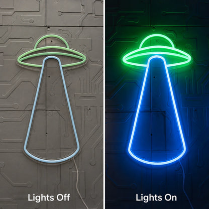 Blue UFO Beam Neon Sign LED Neon Sign day and night comparison