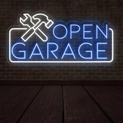 Blue White Open Garage Led Neon Sign With Tools For Auto Shop Business | Shineneon