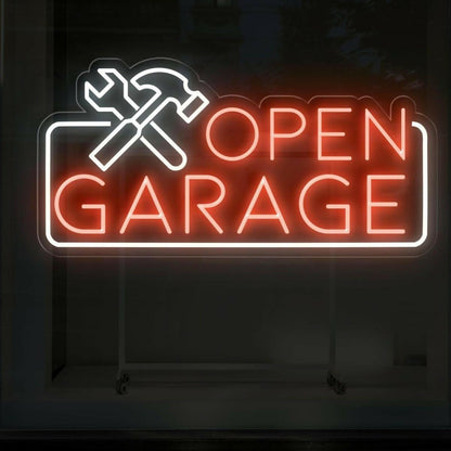Blue White Open Garage Led Neon Sign With Tools For Auto Shop Business | Shineneon
