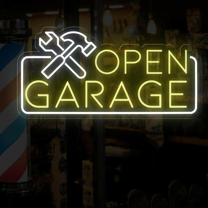 Blue White Open Garage Led Neon Sign With Tools For Auto Shop Business | Shineneon