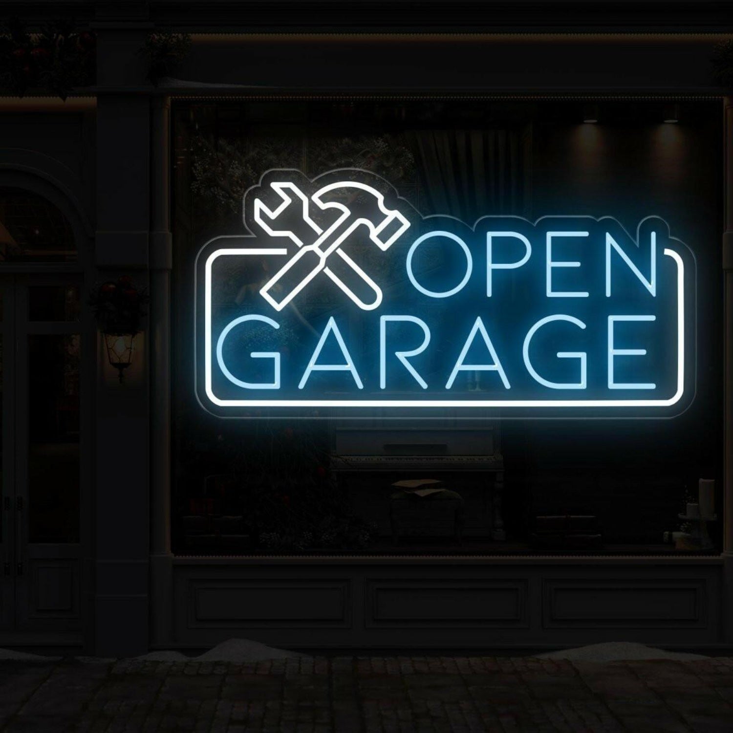 Blue White Open Garage Led Neon Sign With Tools For Auto Shop Business | Shineneon
