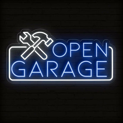 Blue White Open Garage Led Neon Sign With Tools For Auto Shop Business | Shineneon