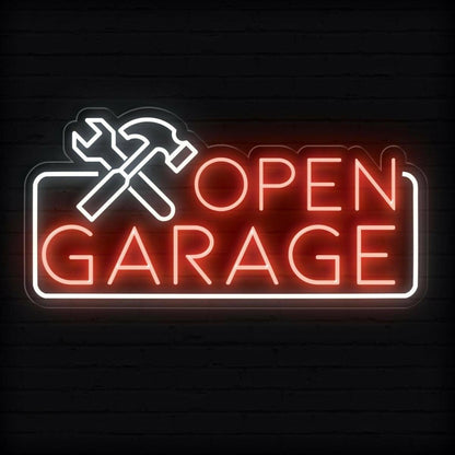 Blue White Open Garage Led Neon Sign With Tools For Auto Shop Business | Shineneon