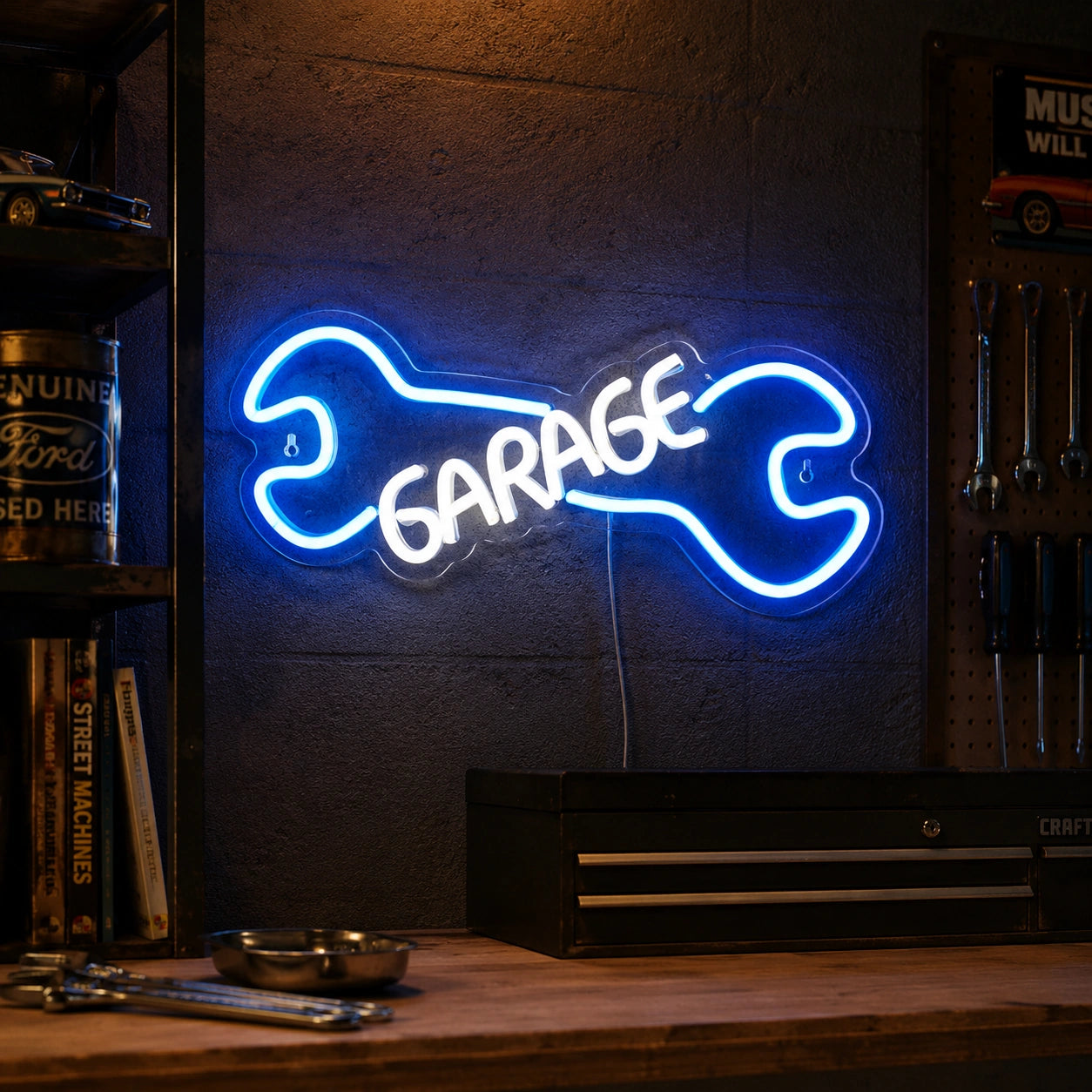 Blue Wrench Garage Neon Sign LED Neon Sign real lifestyle scene